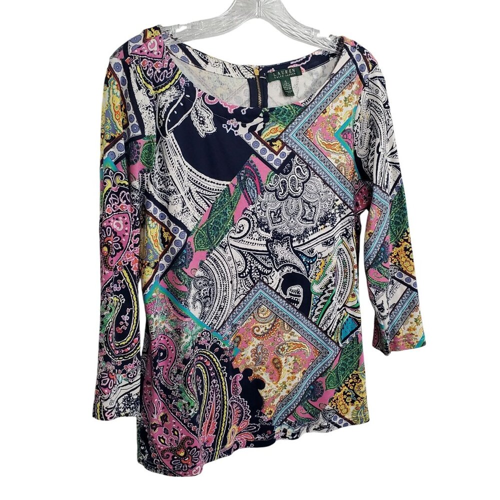 LRL Ralph Lauren Size XL Top Multicolor Paisley Floral Patchwork Print Back Zip